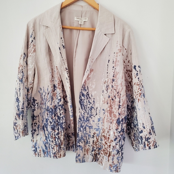 COLDWATER CREEK L 100% Linen Open Front Blazer Jacket 3/4 Sleeve Watercolors EUC - Picture 14 of 15